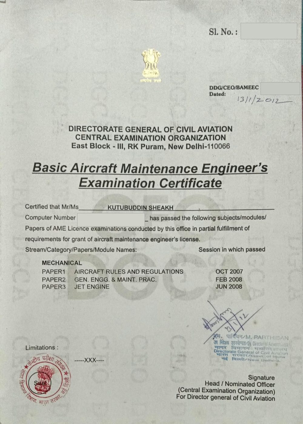 Basic Aircraft Maintenance Engineer's Examination Certificate issued to Kutubuddin Sheakh by the Central Examination Organization, Directorate General of Civil Aviation, listing passes in Aircraft Rules and Regulations, General Engineering and Maintenance Practices, and Jet Engine