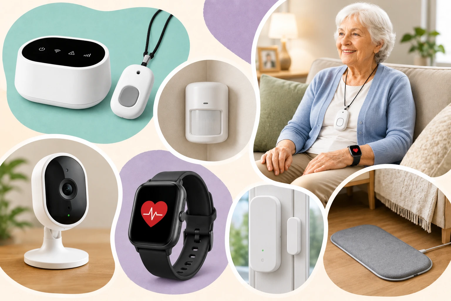 Elderly monitoring devices — a camera-free fall sensor, smartwatch, medical-alert pendant, and smart hub