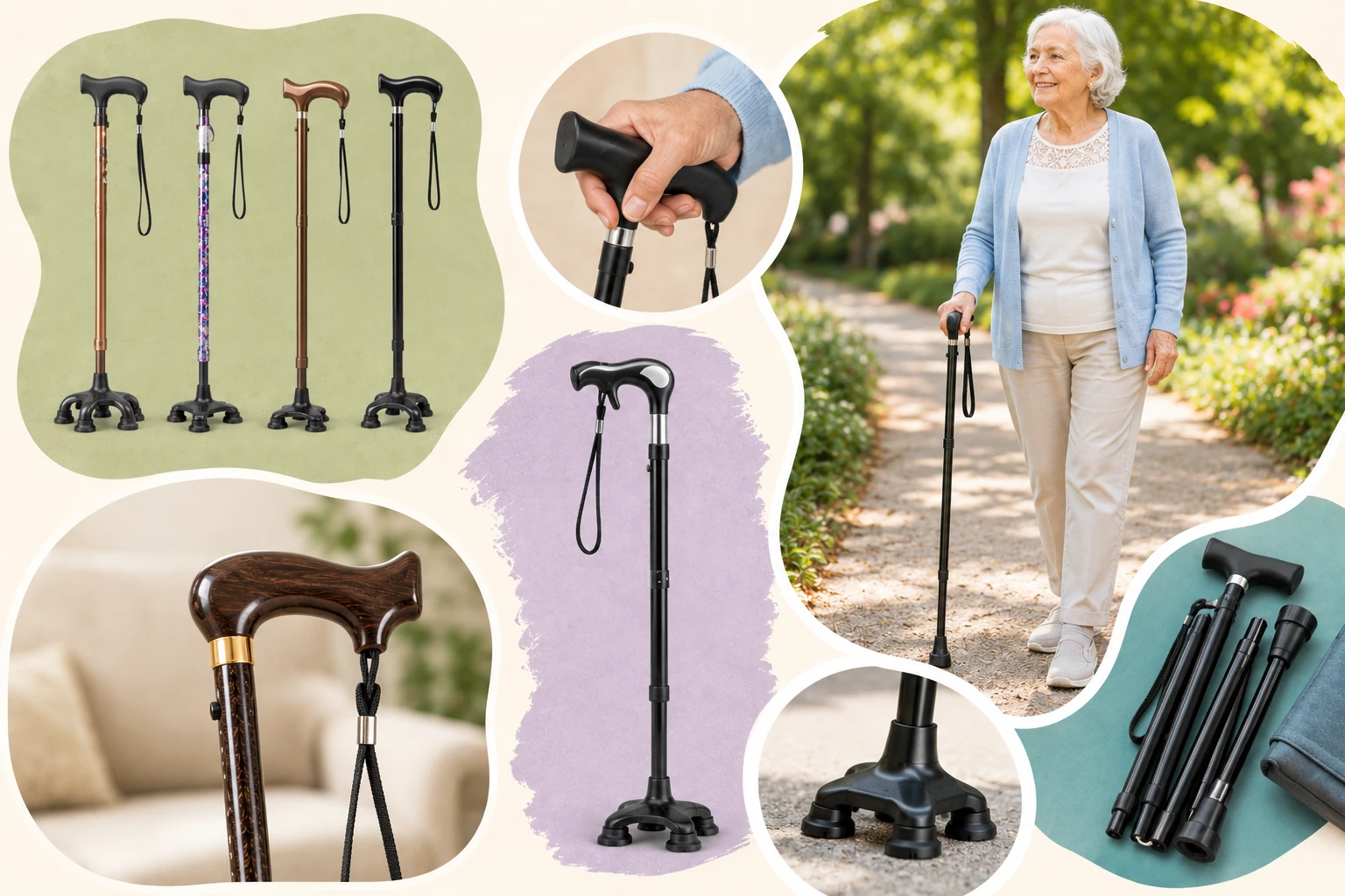 A lineup of walking canes for seniors — offset, quad, folding, and standard styles