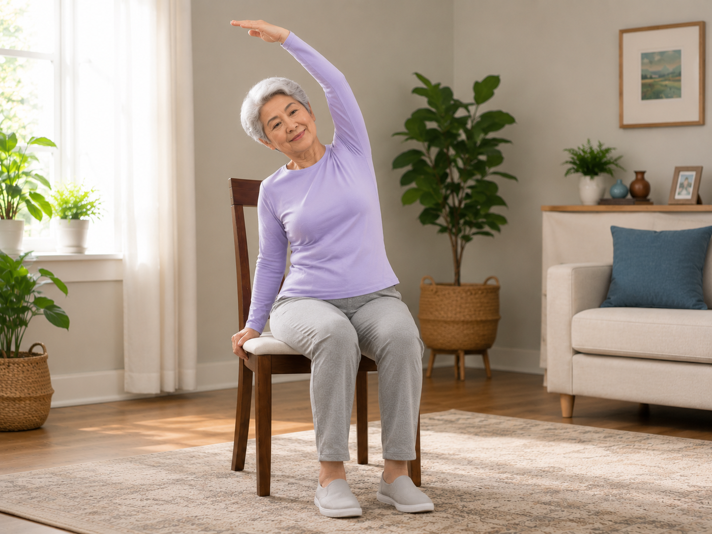Seated Side Stretch - chair yoga printable exercise demonstration