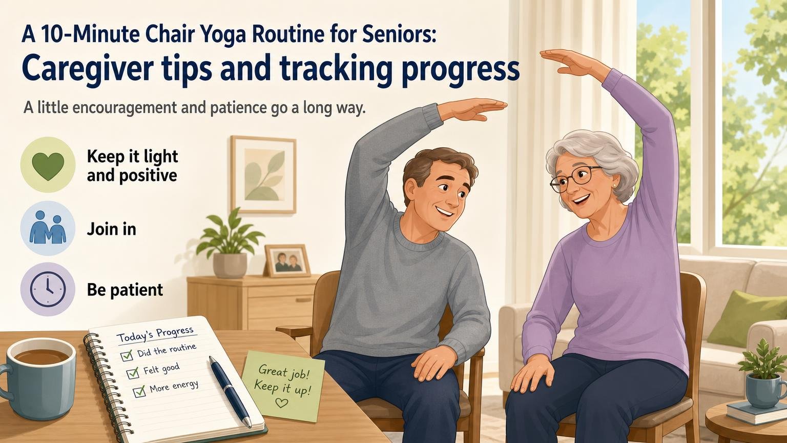 Illustration for A 10-Minute Chair Yoga Routine for Seniors: Caregiver tips and tracking progress