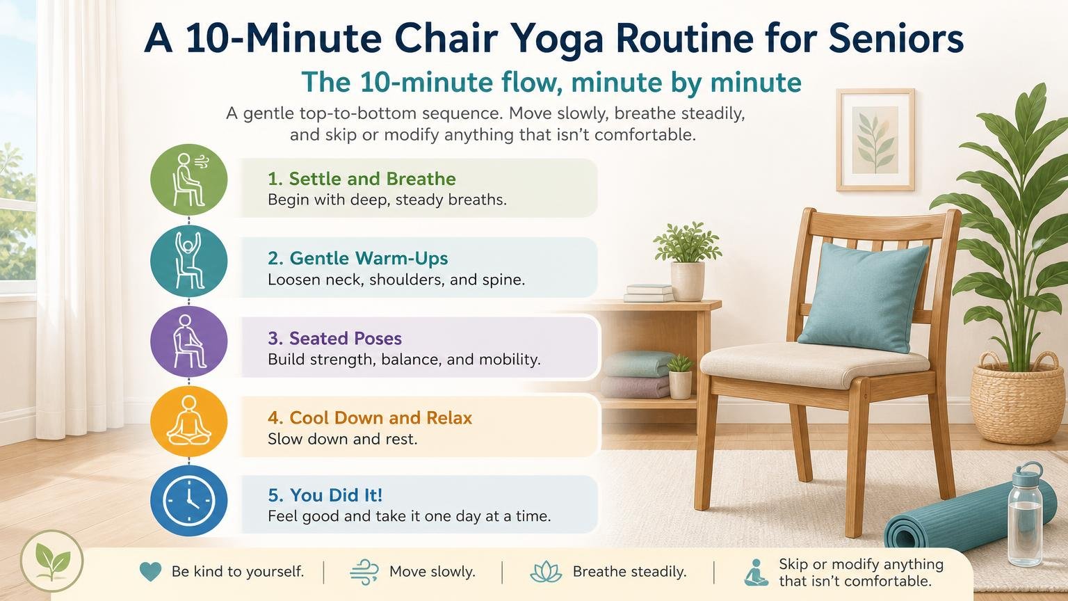 Illustration for A 10-Minute Chair Yoga Routine for Seniors: The 10-minute flow, minute by minute
