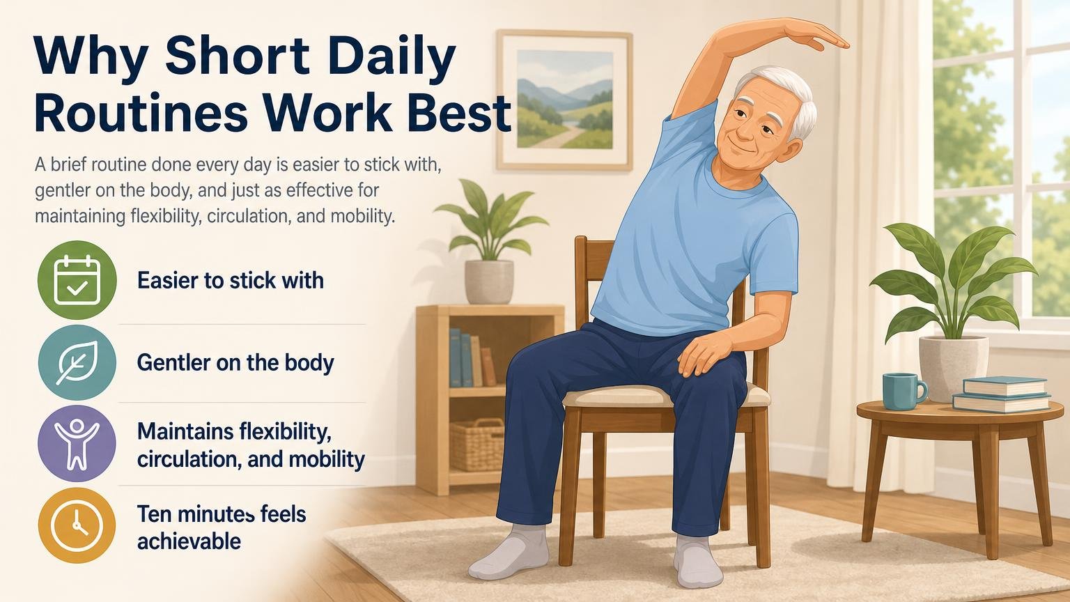 Illustration for A 10-Minute Chair Yoga Routine for Seniors: Why short daily routines work best