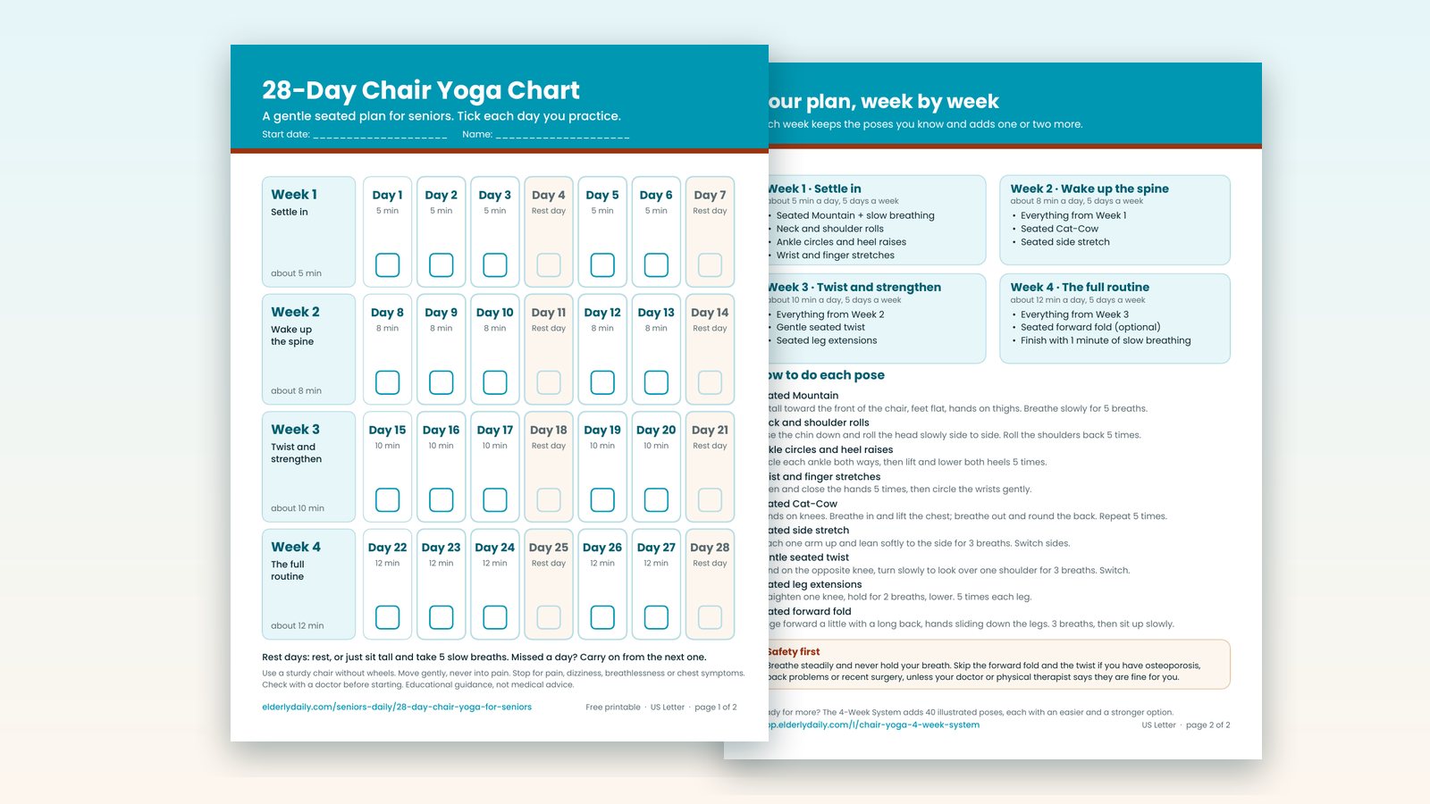 Preview of the free 28-Day Chair Yoga Chart PDF: page 1 is a four-week tick chart, page 2 lists the poses week by week