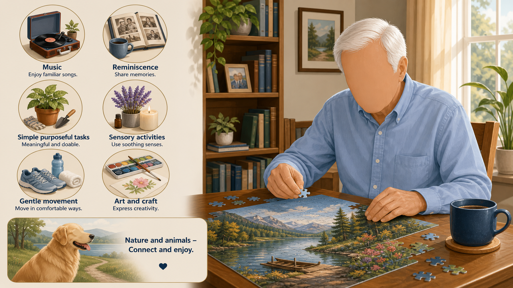 Illustration for Activities for Seniors With Dementia at Home: Activity ideas that work well