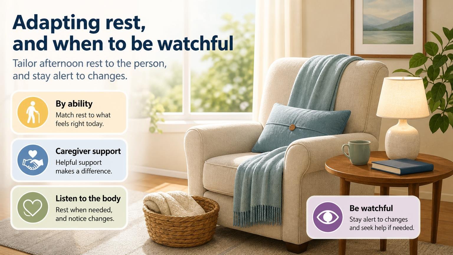 Illustration for Afternoon Rest for Seniors: Balancing Energy Through the Day: Adapting rest, and when to be watchful