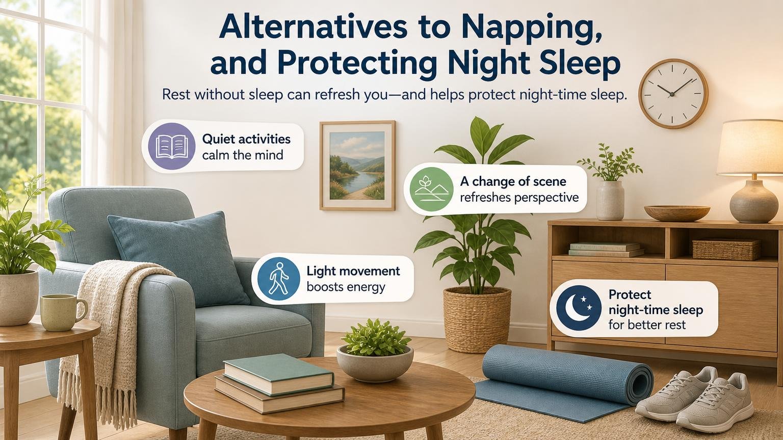 Illustration for Afternoon Rest for Seniors: Balancing Energy Through the Day: Alternatives to napping, and protecting night sleep
