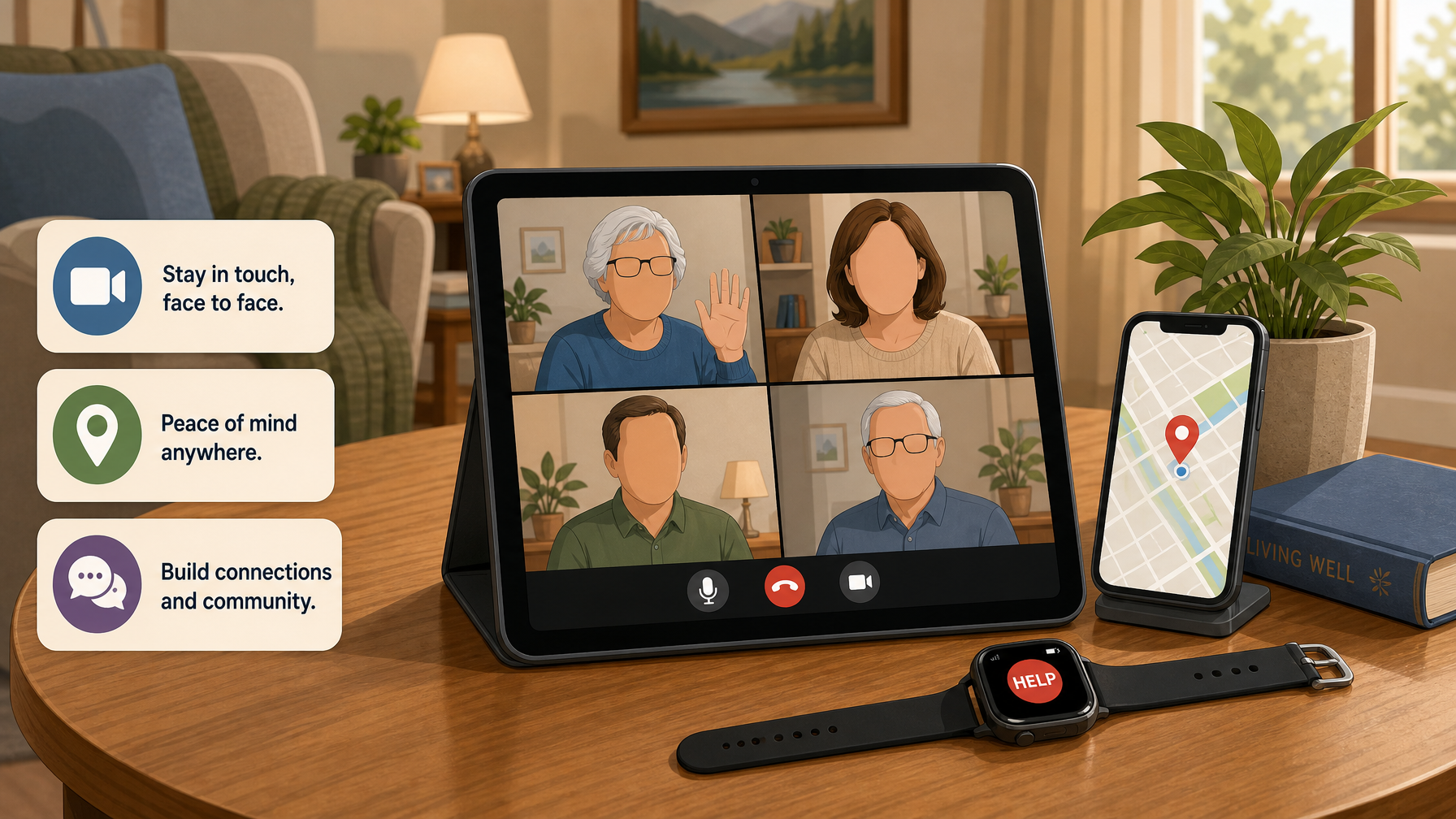 Illustration for AI and Technology for Aging in Place: Connection and location technology