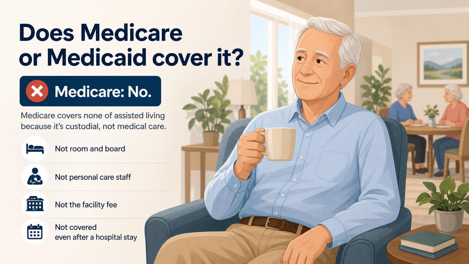 Illustration for Assisted Living for Seniors: Costs, Medicare Coverage & What’s Included: Does Medicare or Medicaid cover it?