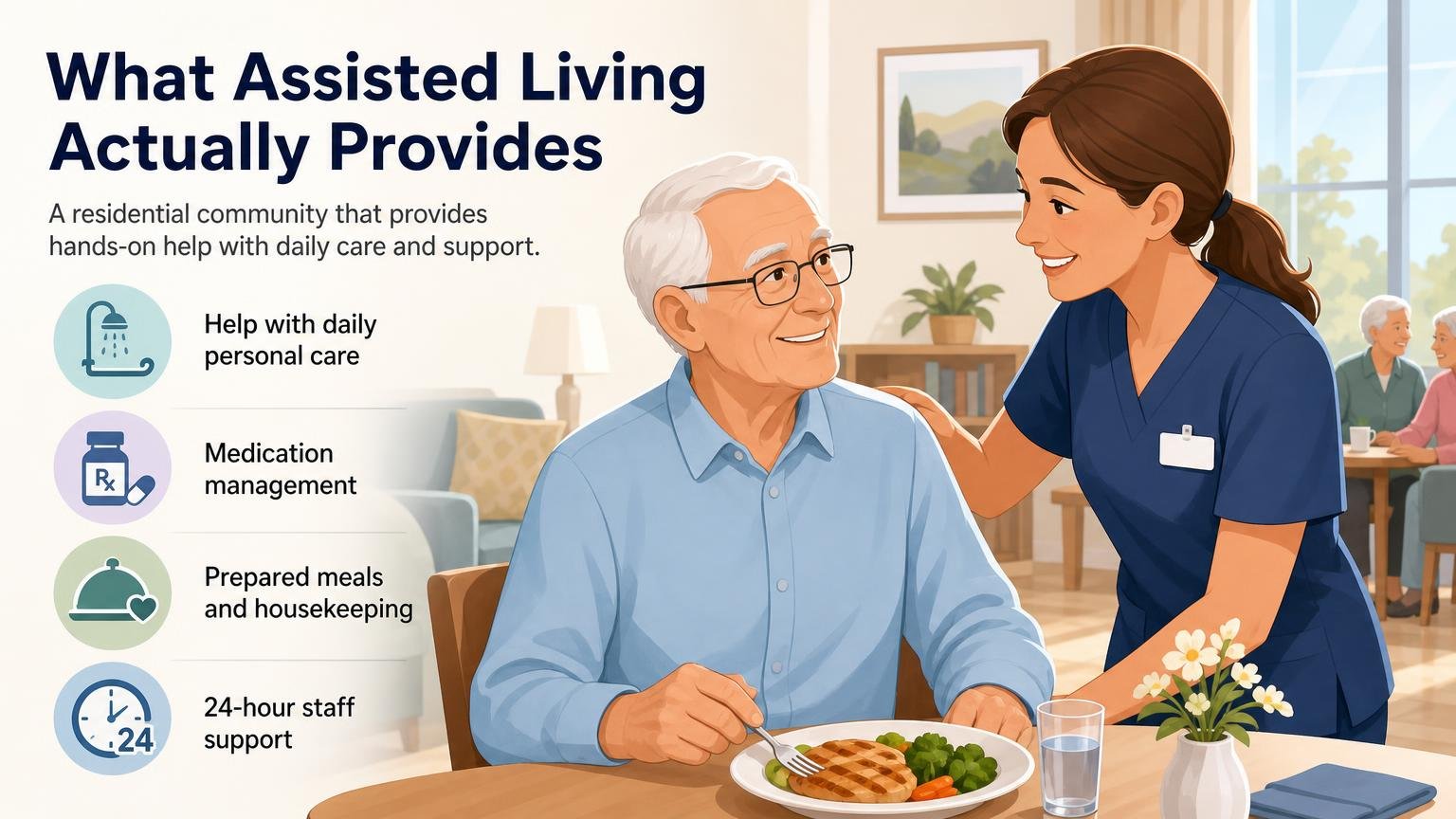 Illustration for Assisted Living for Seniors: Costs, Medicare Coverage & What’s Included: What assisted living actually provides