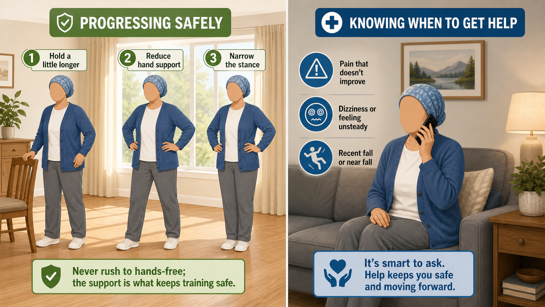 Illustration for Balance Exercises for Seniors: A Safe Step-by-Step Routine: Progressing safely and knowing when to get help