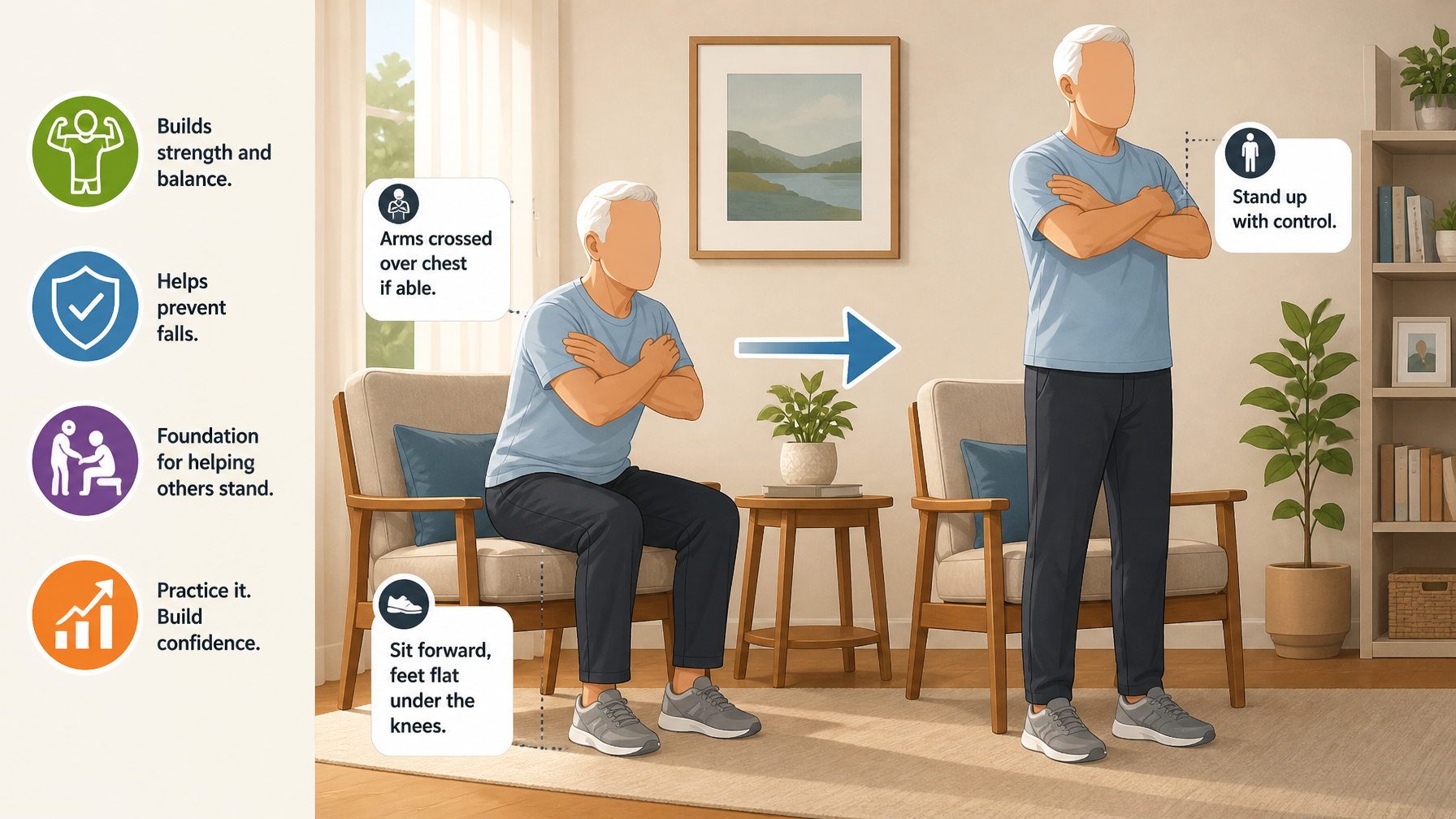 Illustration for Balance Exercises for Seniors: A Safe Step-by-Step Routine: The most valuable move: sit-to-stands