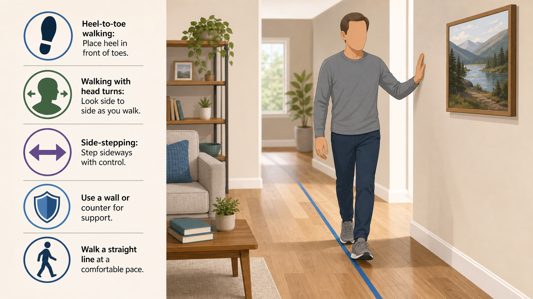 Illustration for Balance Exercises for Seniors: A Safe Step-by-Step Routine: Walking balance drills