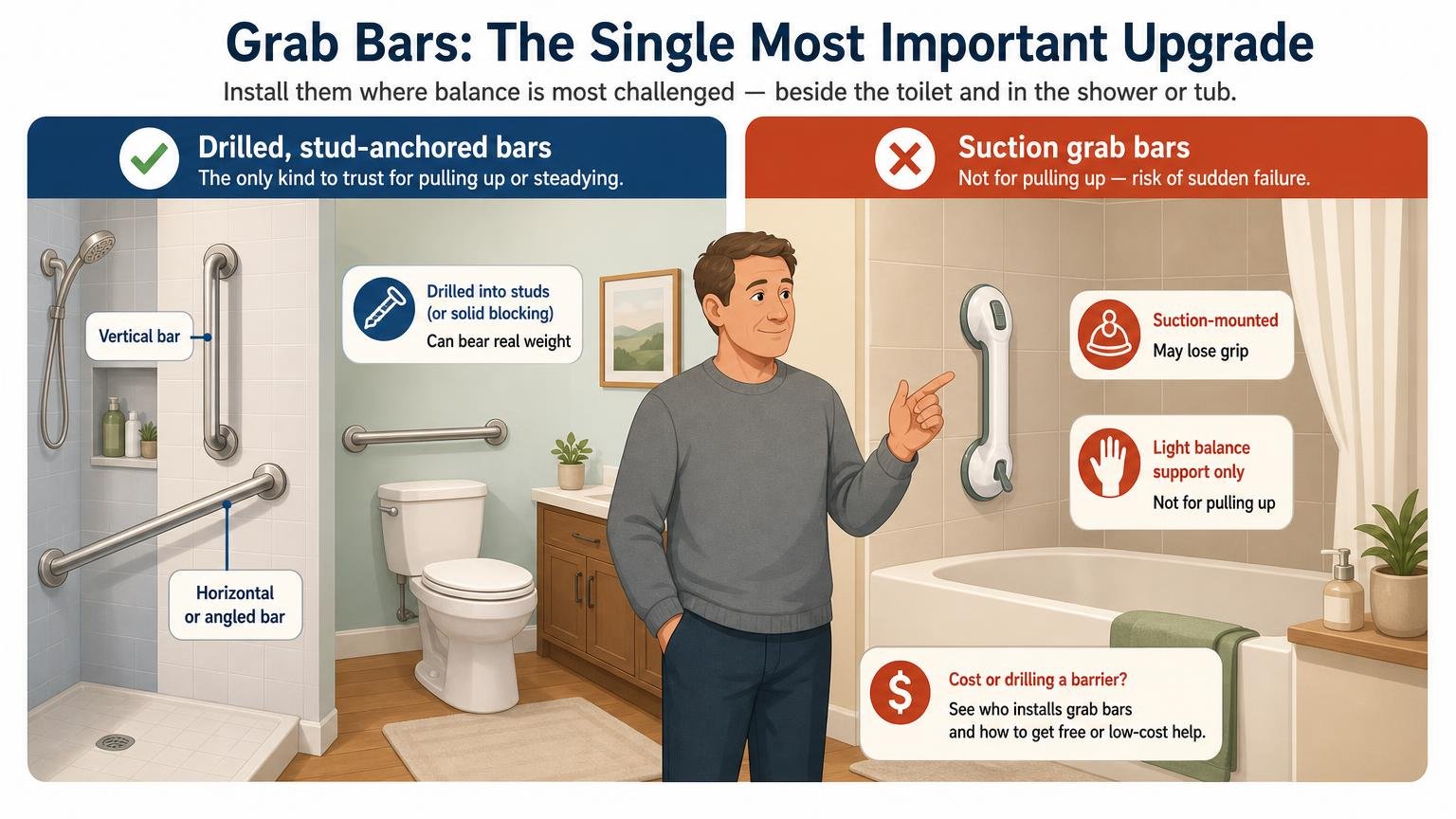 Illustration for Bathroom Fall Prevention: A Room-by-Room Safety Guide: Grab bars: the single most important upgrade