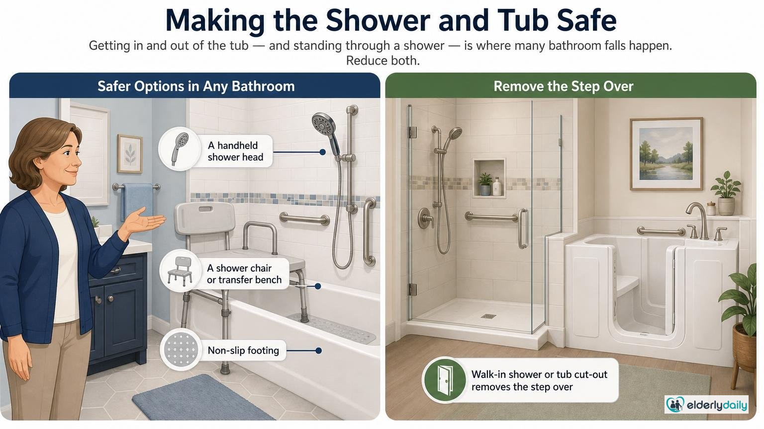 Illustration for Bathroom Fall Prevention: A Room-by-Room Safety Guide: Making the shower and tub safe