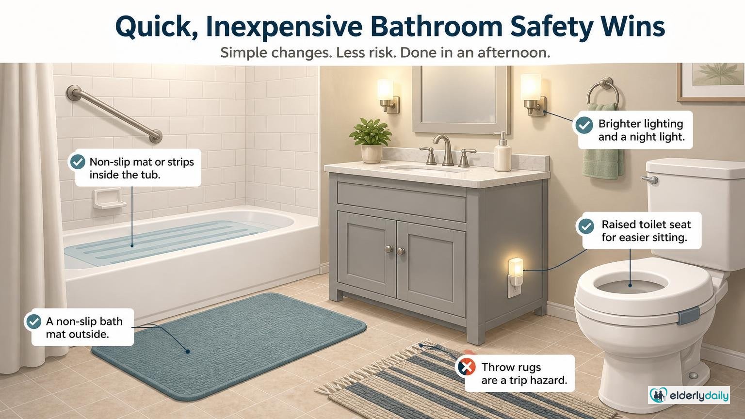 Illustration for Bathroom Fall Prevention: A Room-by-Room Safety Guide: Start here: quick, inexpensive wins