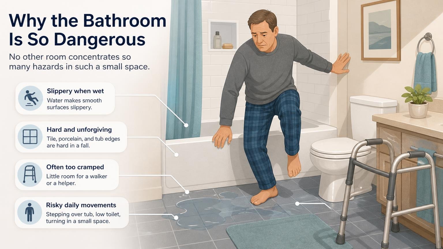 Illustration for Bathroom Fall Prevention: A Room-by-Room Safety Guide: Why the bathroom is so dangerous