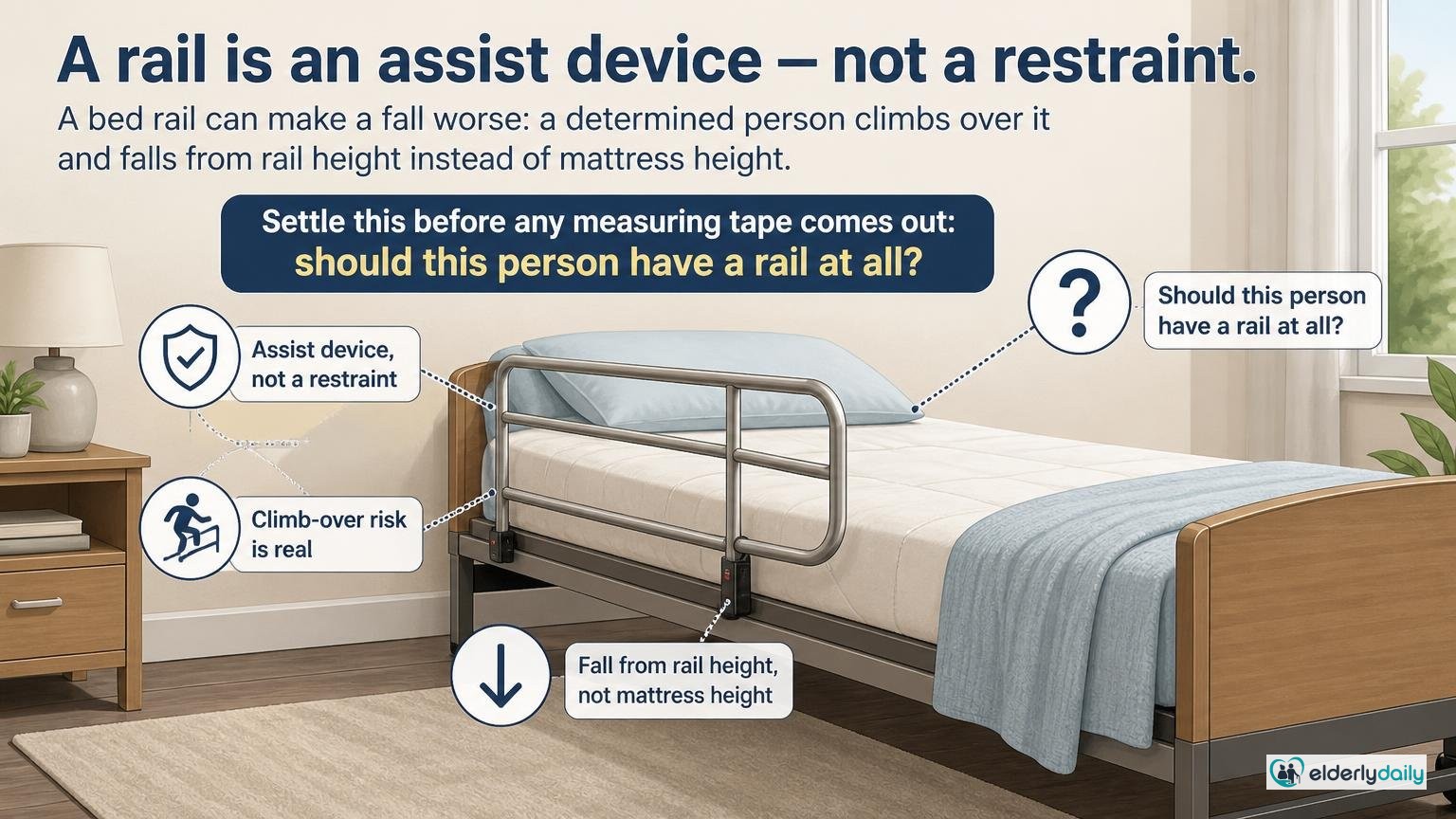 Illustration for Bed Rail Safety and Entrapment: What Caregivers Must Know: A rail is an assist device — not a restraint