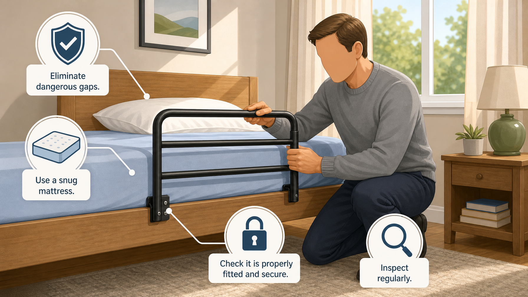 Illustration for Bed Rail Safety and Entrapment: What Caregivers Must Know: Using bed rails safely