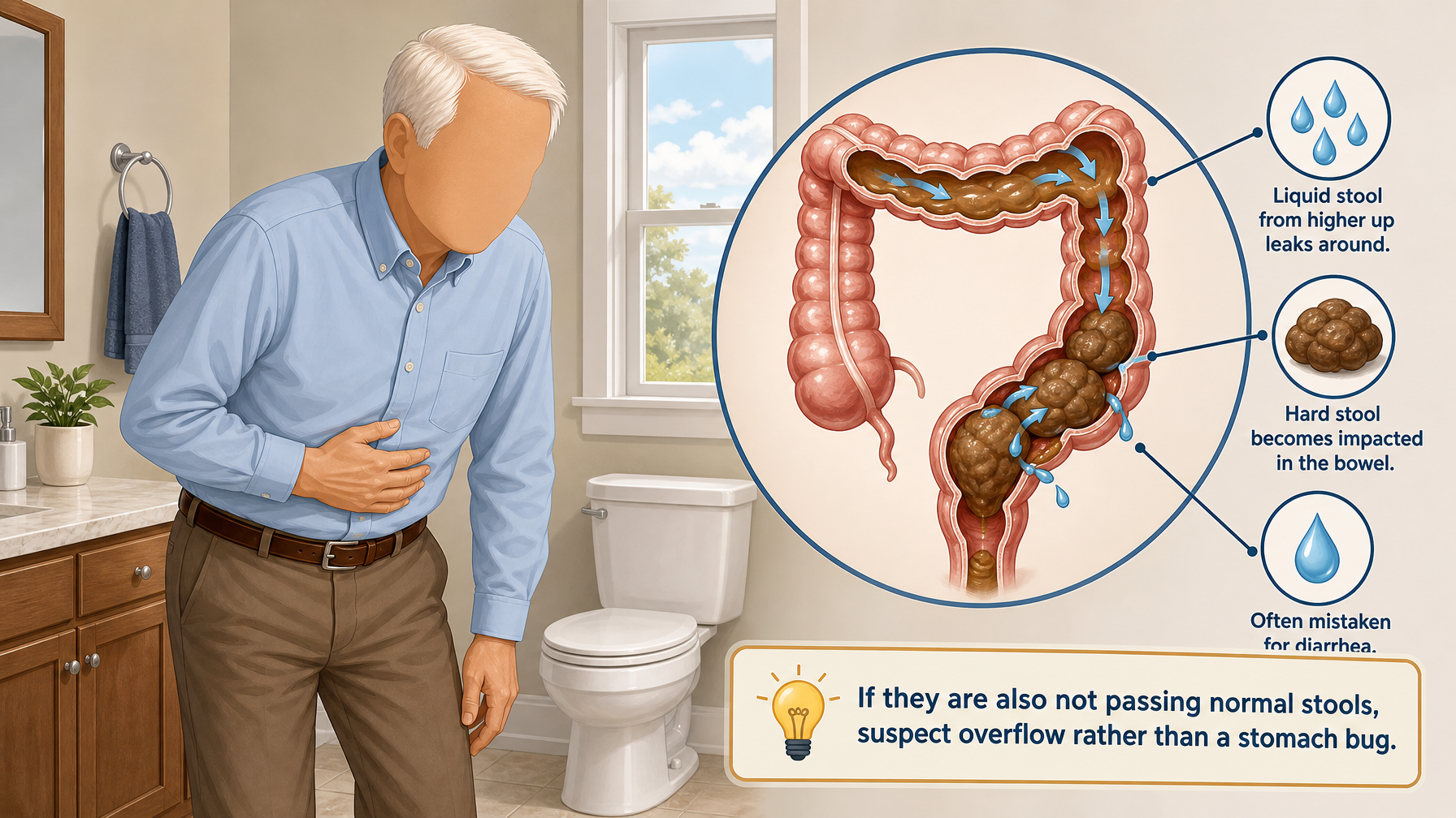 Illustration for Bowel Incontinence in the Elderly: Causes and Management: The surprising top cause: constipation with overflow