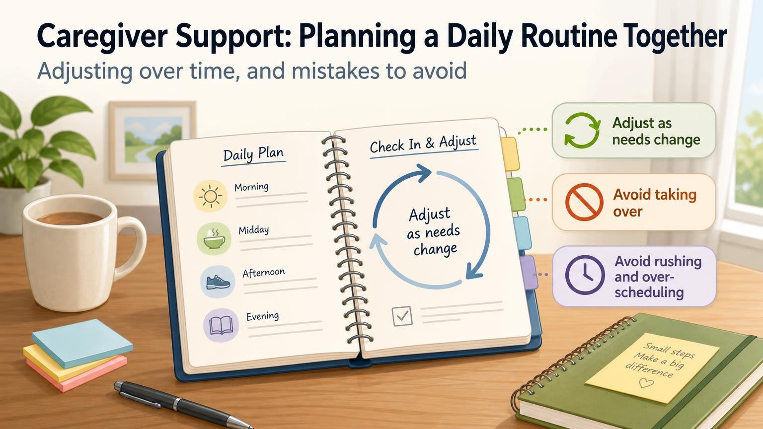 Illustration for Caregiver Support: Planning a Daily Routine Together: Adjusting over time, and mistakes to avoid