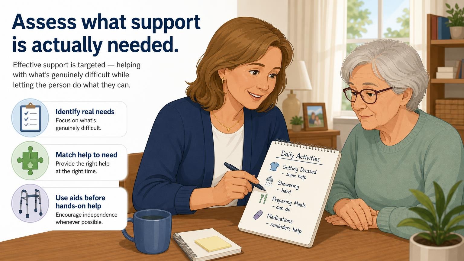 Illustration for Caregiver Support: Planning a Daily Routine Together: Assess what support is actually needed