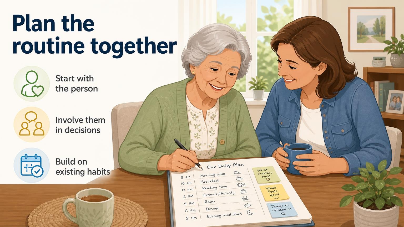 Illustration for Caregiver Support: Planning a Daily Routine Together: Plan the routine together