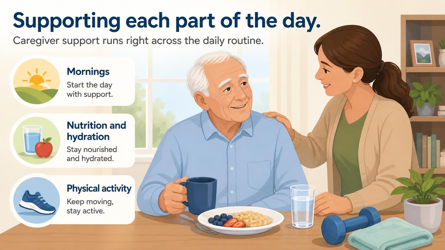 Illustration for Caregiver Support: Planning a Daily Routine Together: Supporting each part of the day