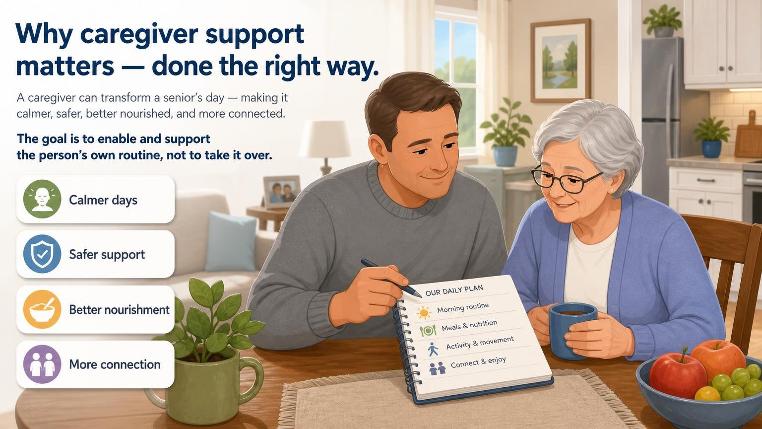 Illustration for Caregiver Support: Planning a Daily Routine Together: Why caregiver support matters — done the right way