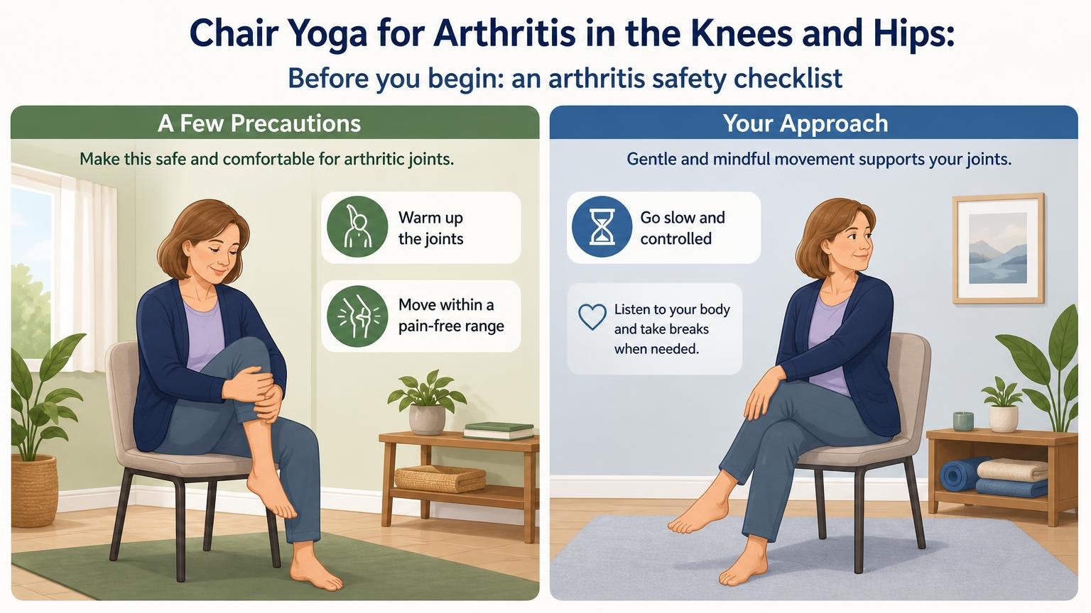 Illustration for Chair Yoga for Arthritis in the Knees and Hips: Before you begin: an arthritis safety checklist