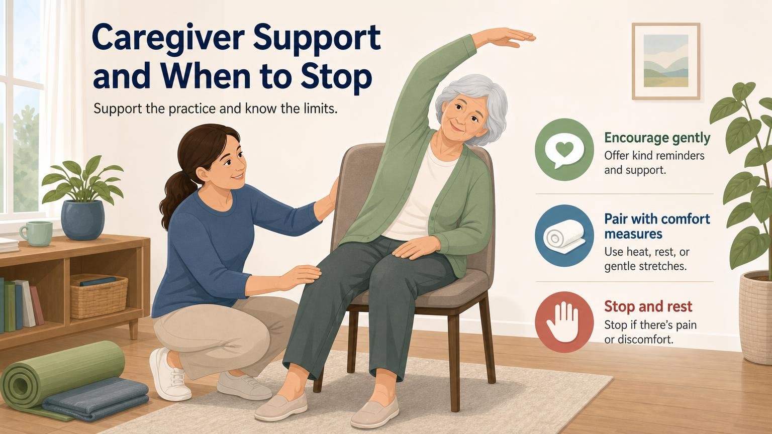Illustration for Chair Yoga for Arthritis in the Knees and Hips: Caregiver support and when to stop