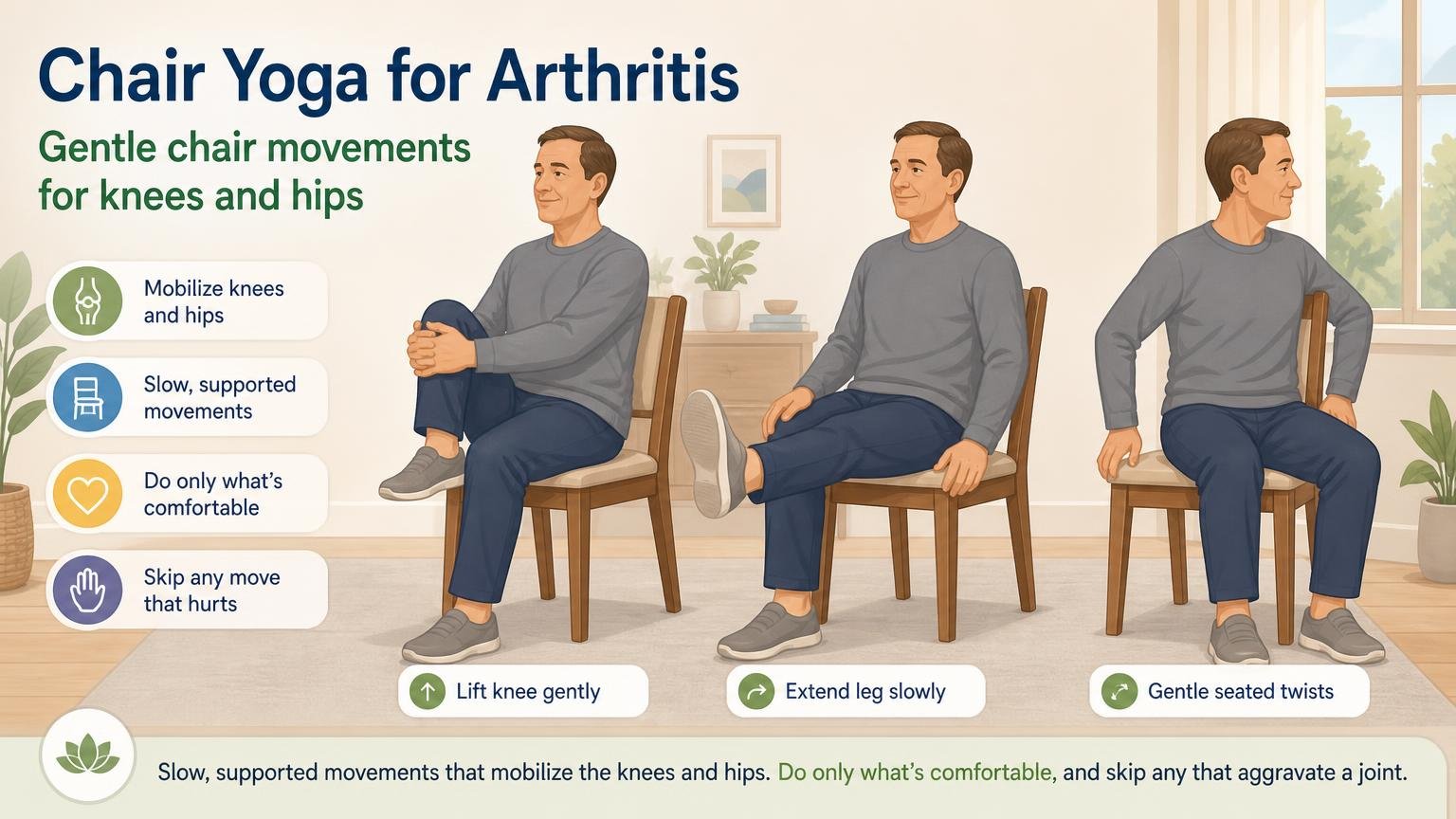 Illustration for Chair Yoga for Arthritis in the Knees and Hips: Gentle chair movements for knees and hips