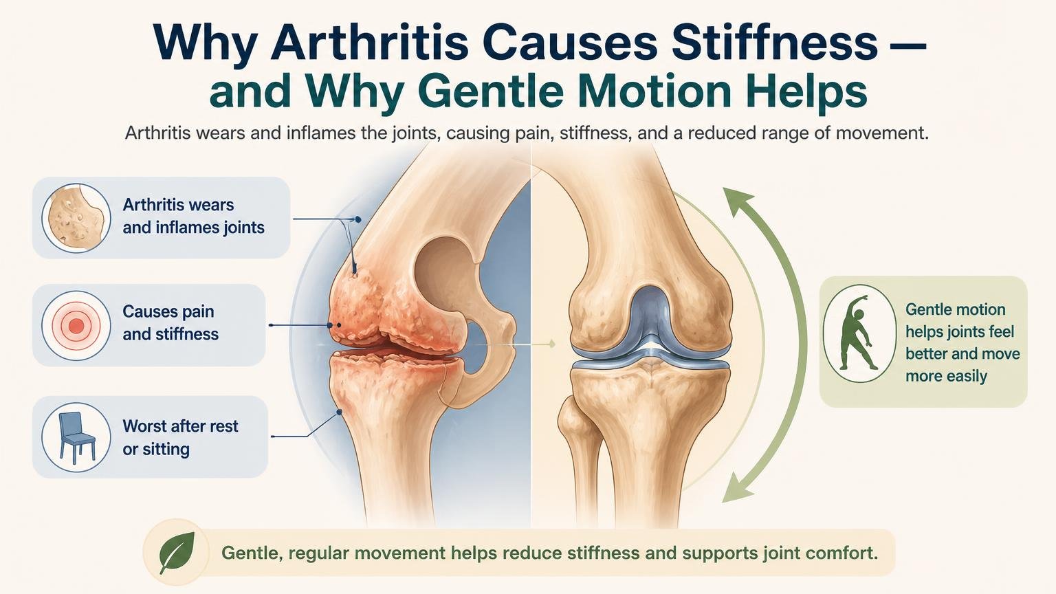 Illustration for Chair Yoga for Arthritis in the Knees and Hips: Why arthritis causes stiffness — and why gentle motion helps