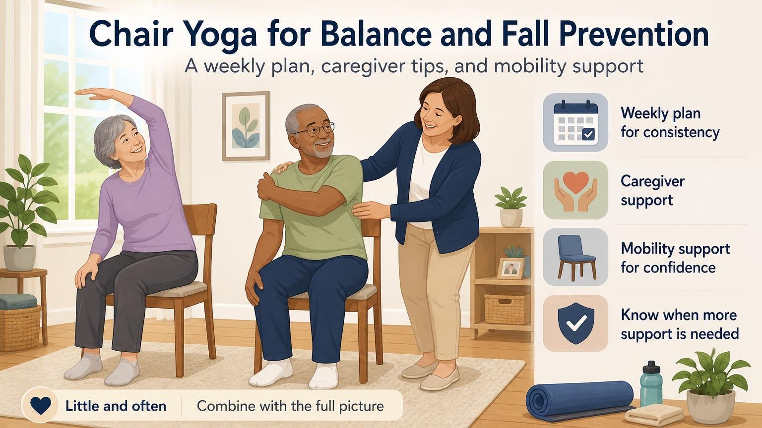 Illustration for Chair Yoga for Balance and Fall Prevention: A weekly plan, caregiver tips, and mobility support