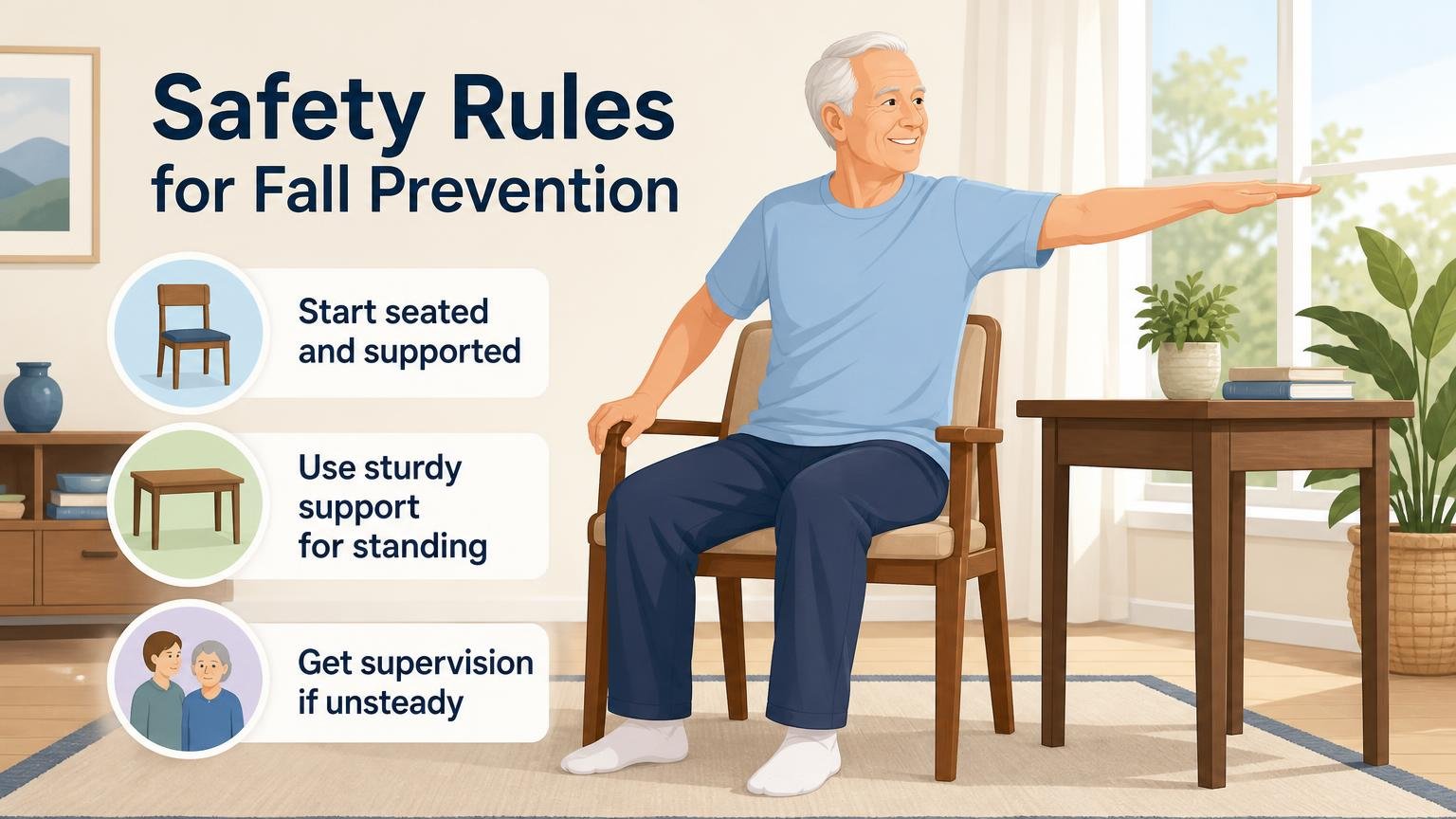 Illustration for Chair Yoga for Balance and Fall Prevention: Safety rules for fall prevention