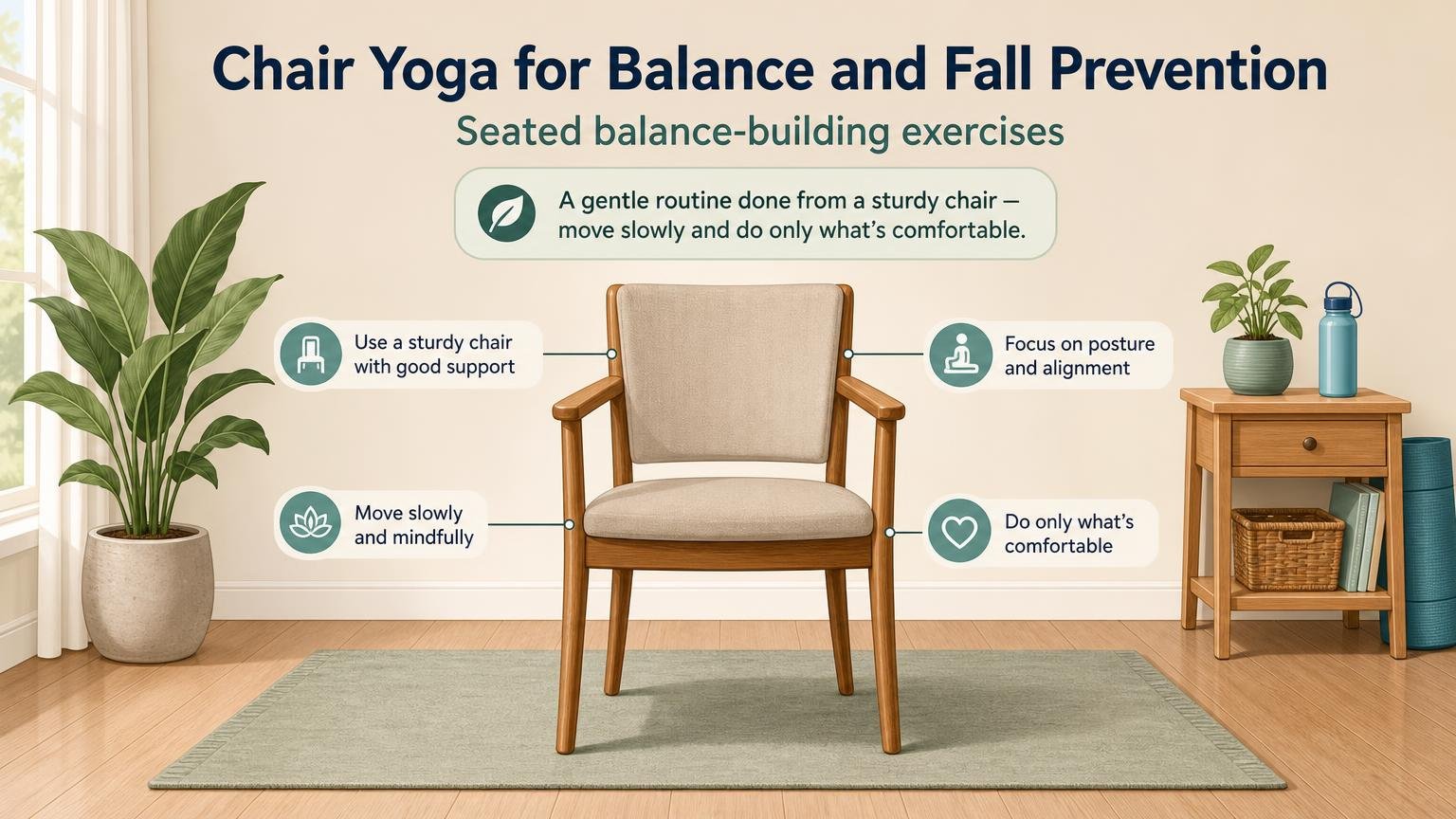 Illustration for Chair Yoga for Balance and Fall Prevention: Seated balance-building exercises