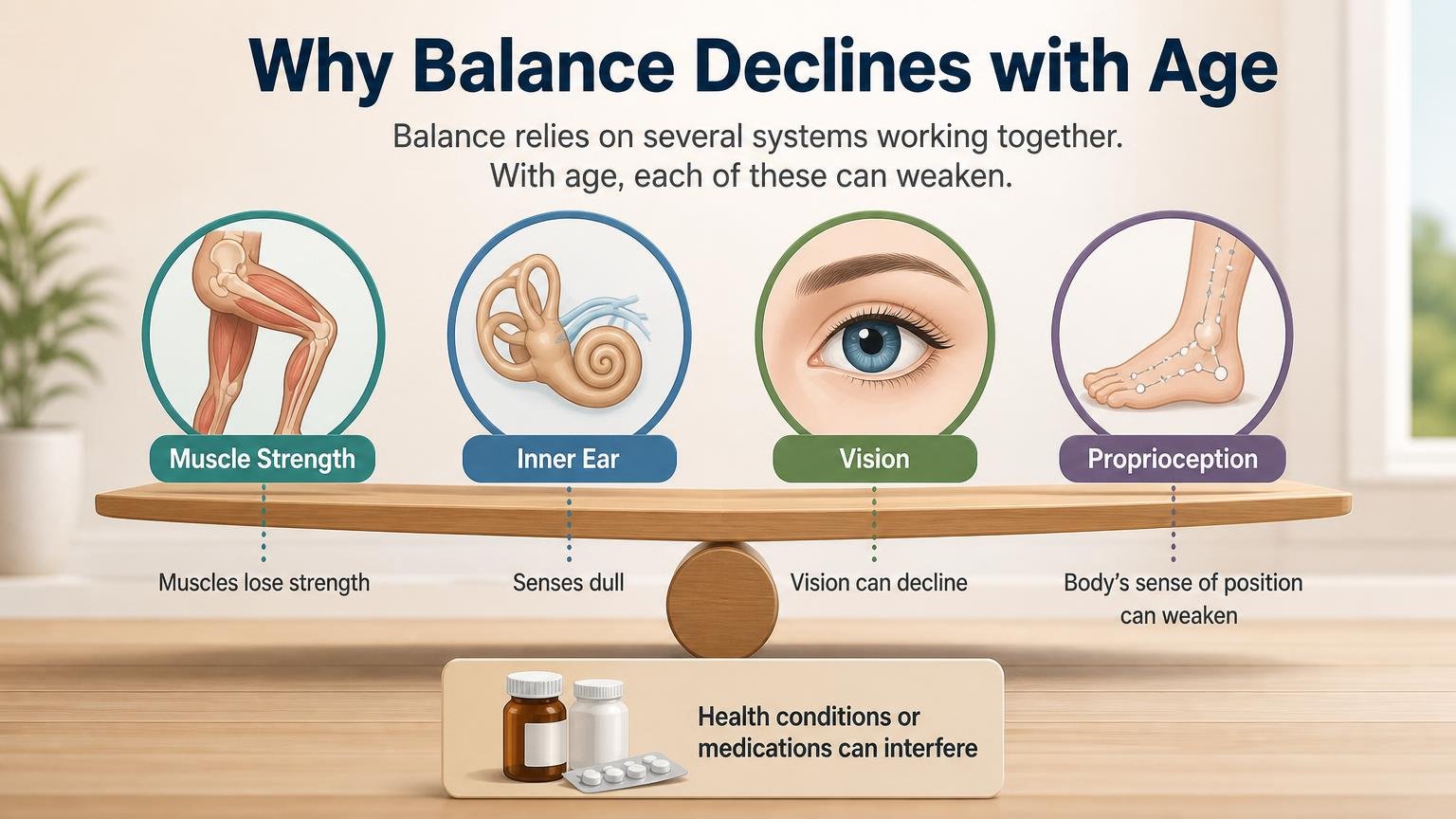 Illustration for Chair Yoga for Balance and Fall Prevention: Why balance declines with age
