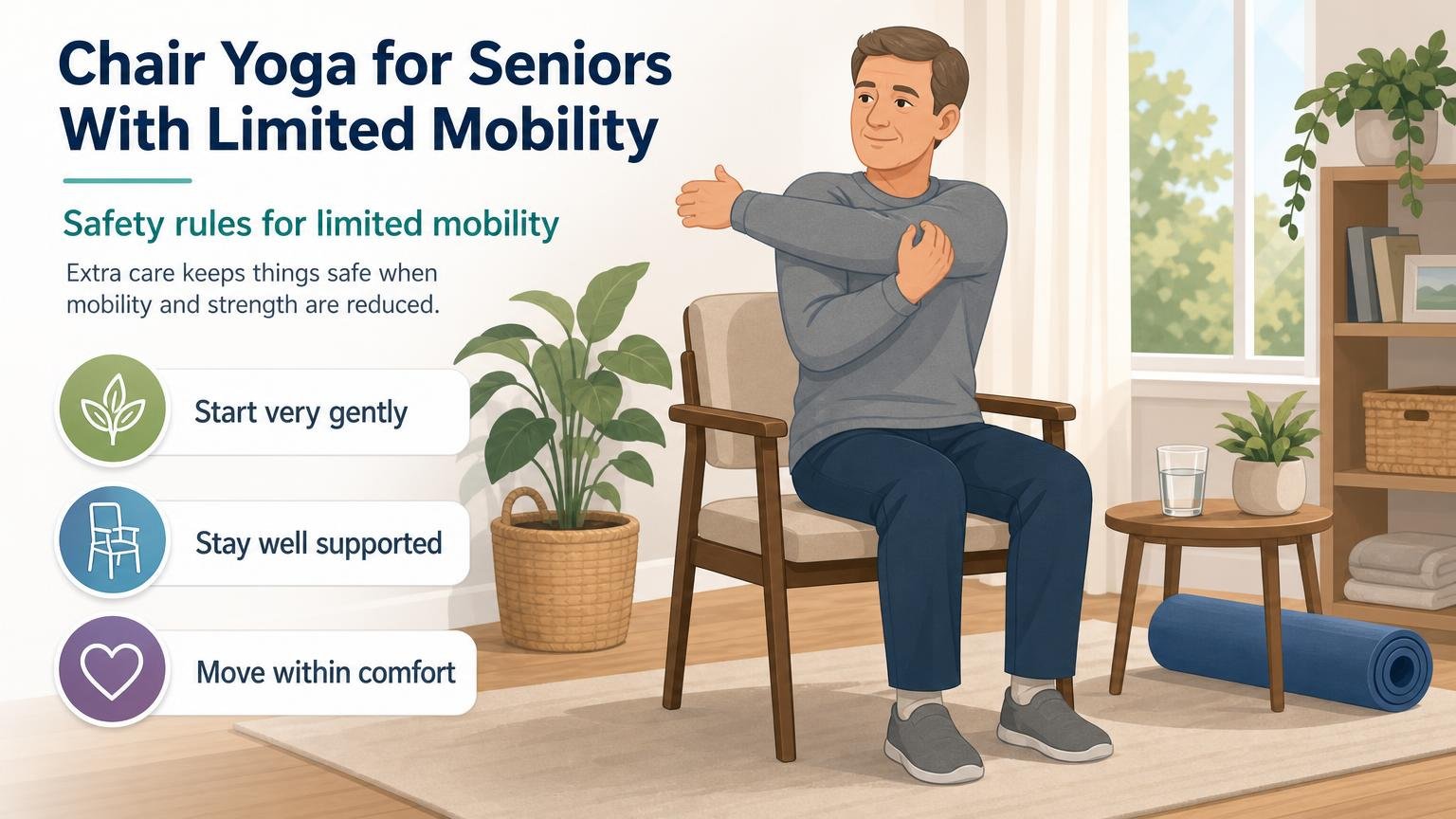 Illustration for Chair Yoga for Seniors With Limited Mobility: Safety rules for limited mobility