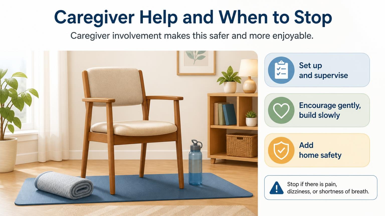 Illustration for Chair Yoga for Seniors Over 80: Safe, Gentle Movement: Caregiver help and when to stop