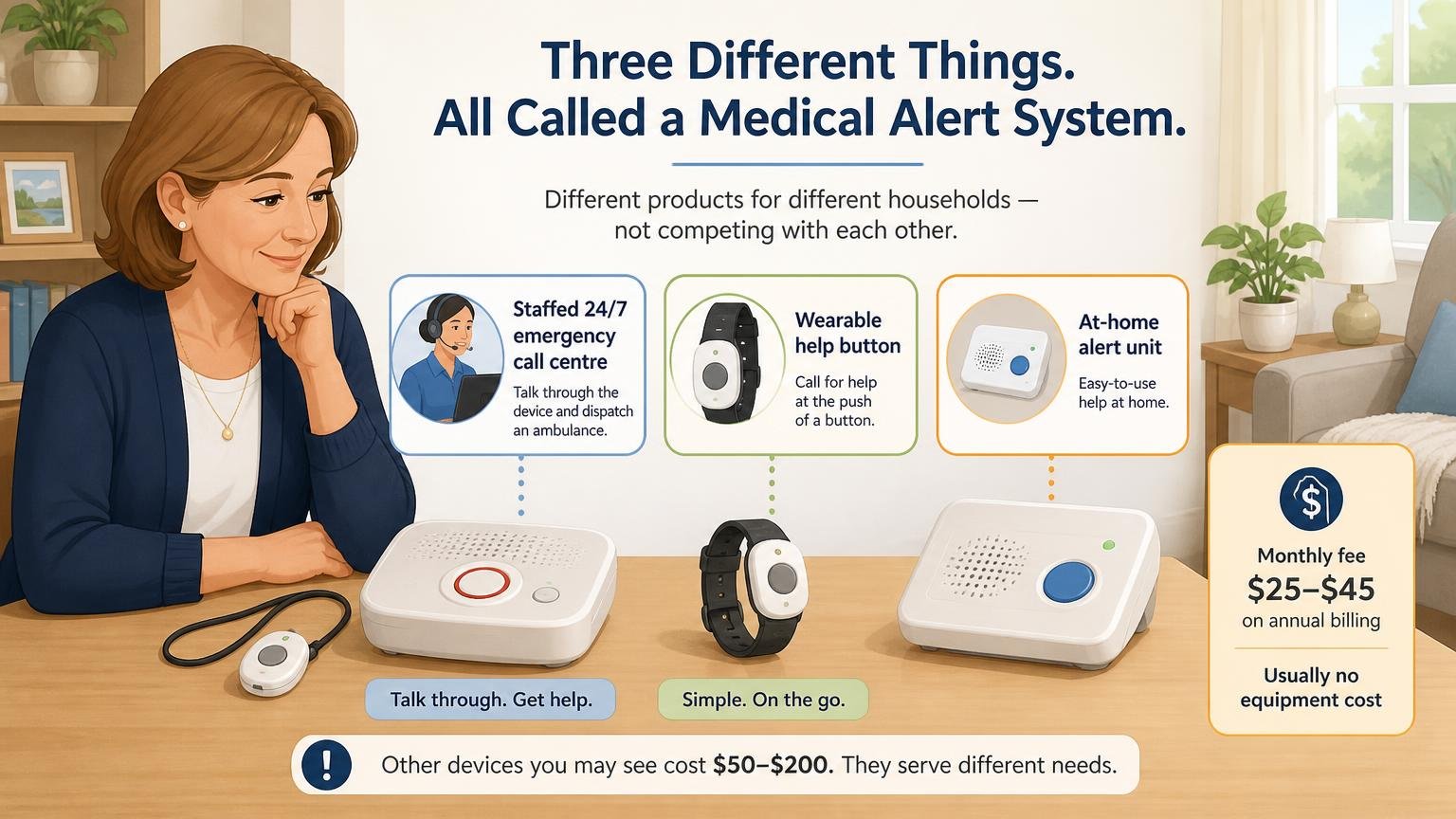 Illustration for Choosing a Medical Alert System: Monitored, Unmonitored, or Neither: First: three different things are called a medical alert system