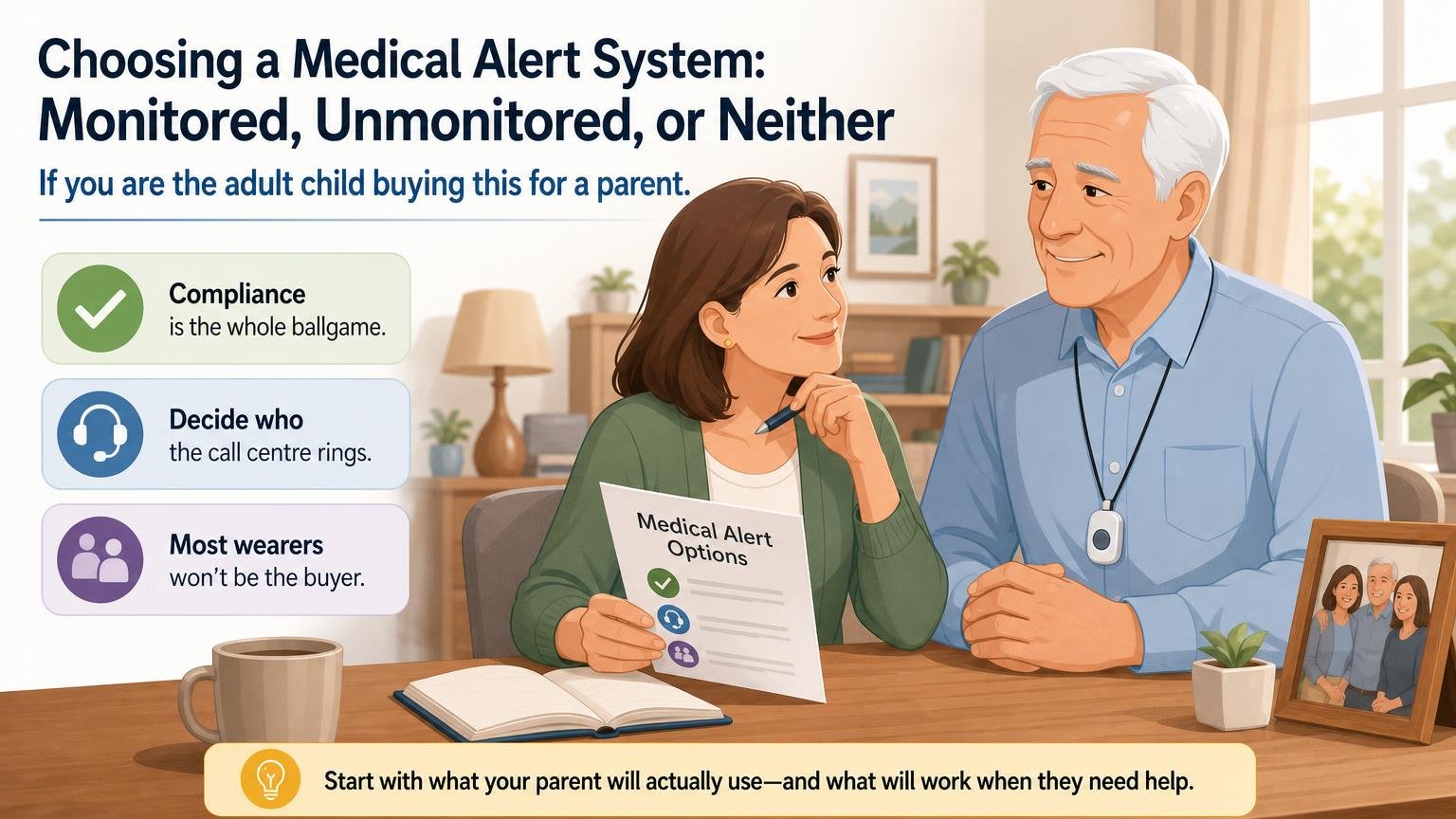 Illustration for Choosing a Medical Alert System: Monitored, Unmonitored, or Neither: If you are the adult child buying this for a parent