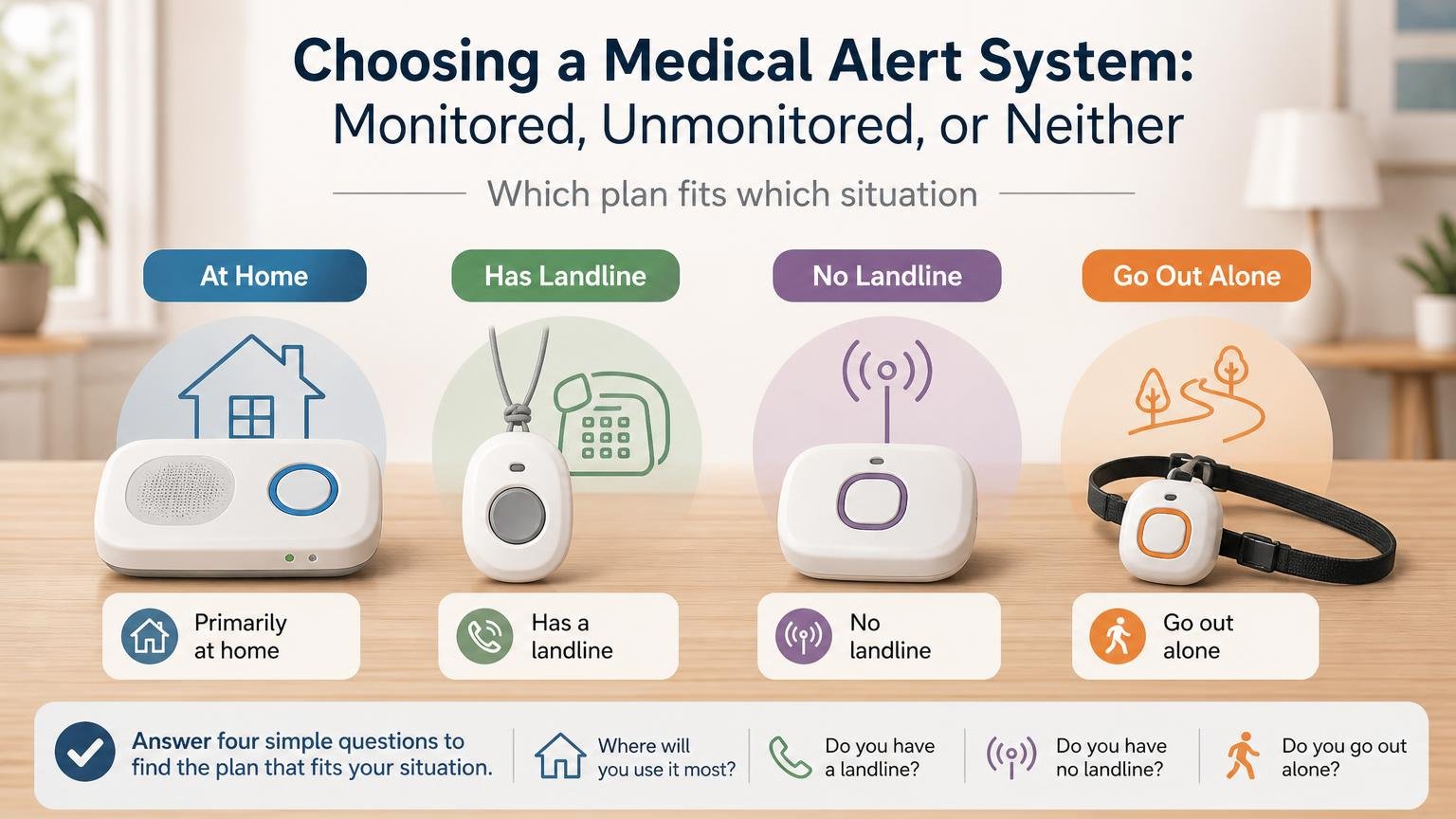 Illustration for Choosing a Medical Alert System: Monitored, Unmonitored, or Neither: Which LifeFone plan fits which situation