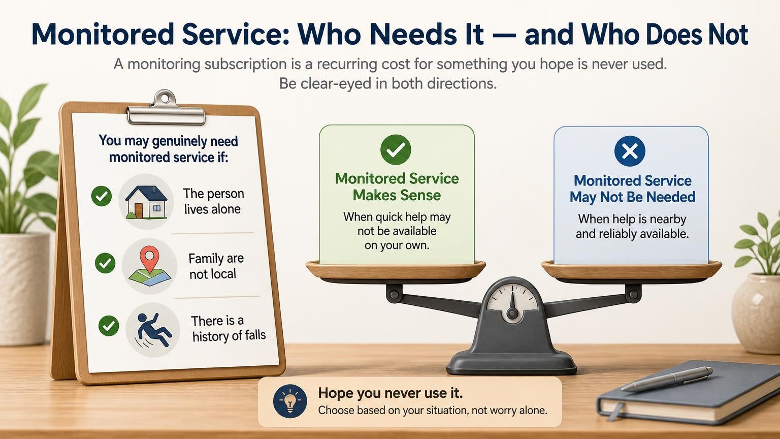 Illustration for Choosing a Medical Alert System: Monitored, Unmonitored, or Neither: Who genuinely needs monitored service — and who does not
