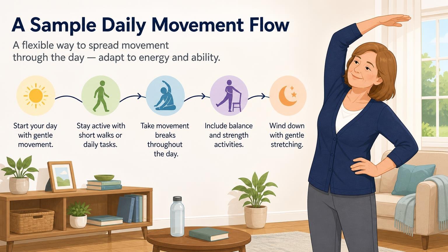 Illustration for A Daily Exercise and Movement Routine for Seniors: A sample daily movement flow