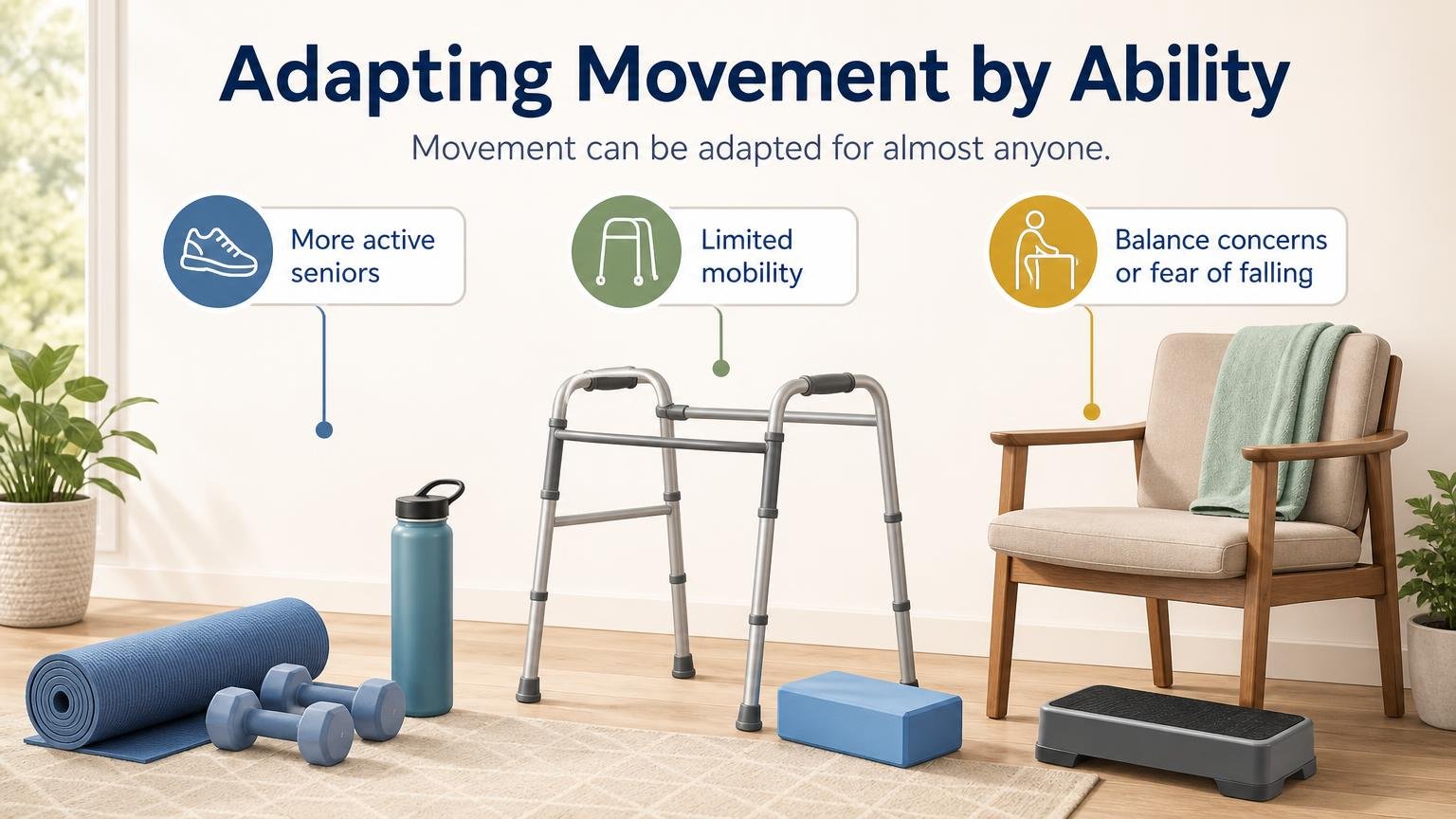 Illustration for A Daily Exercise and Movement Routine for Seniors: Adapting movement by ability