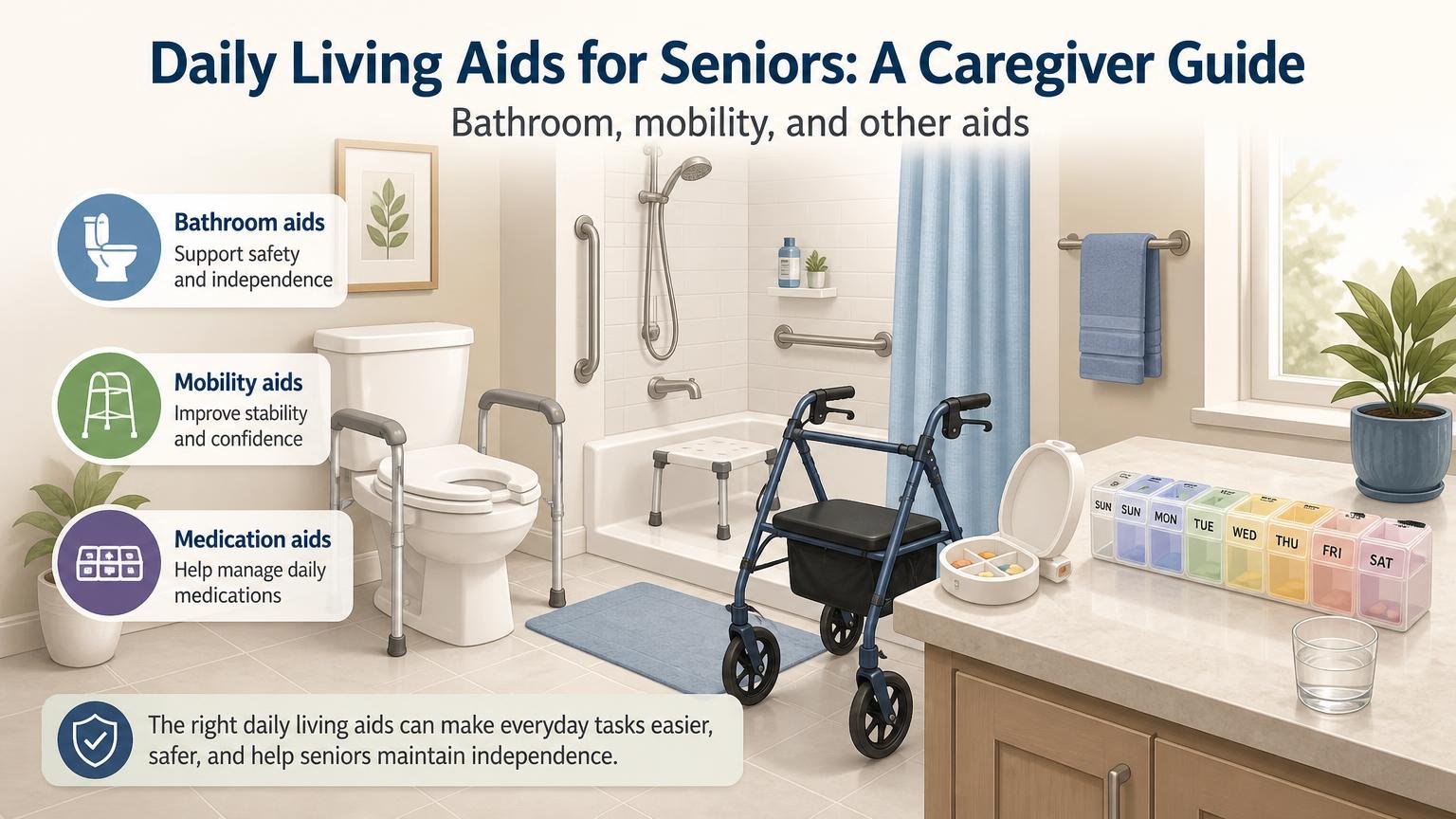 Illustration for Daily Living Aids for Seniors: A Caregiver Guide: Bathroom, mobility, and other aids