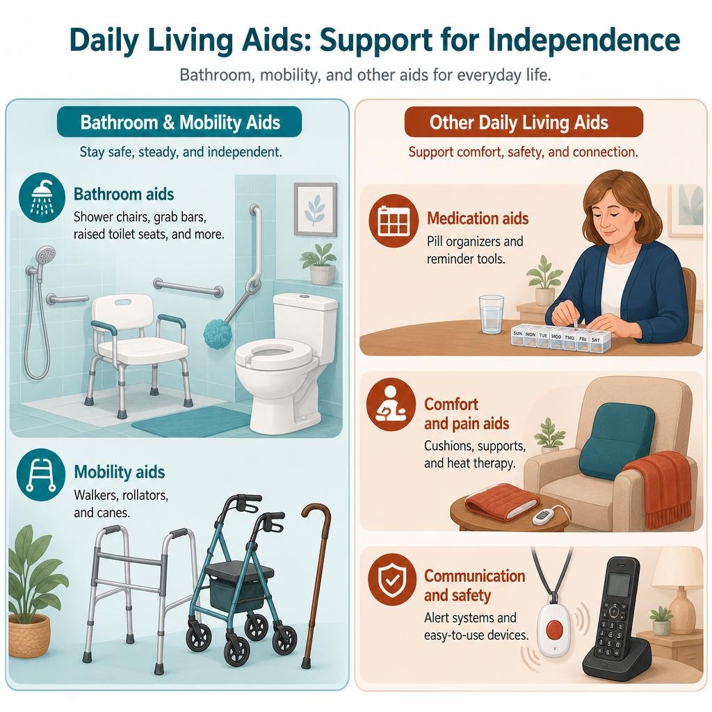 Illustration for Daily Living Aids for Seniors: A Caregiver Guide: Bathroom, mobility, and other aids
