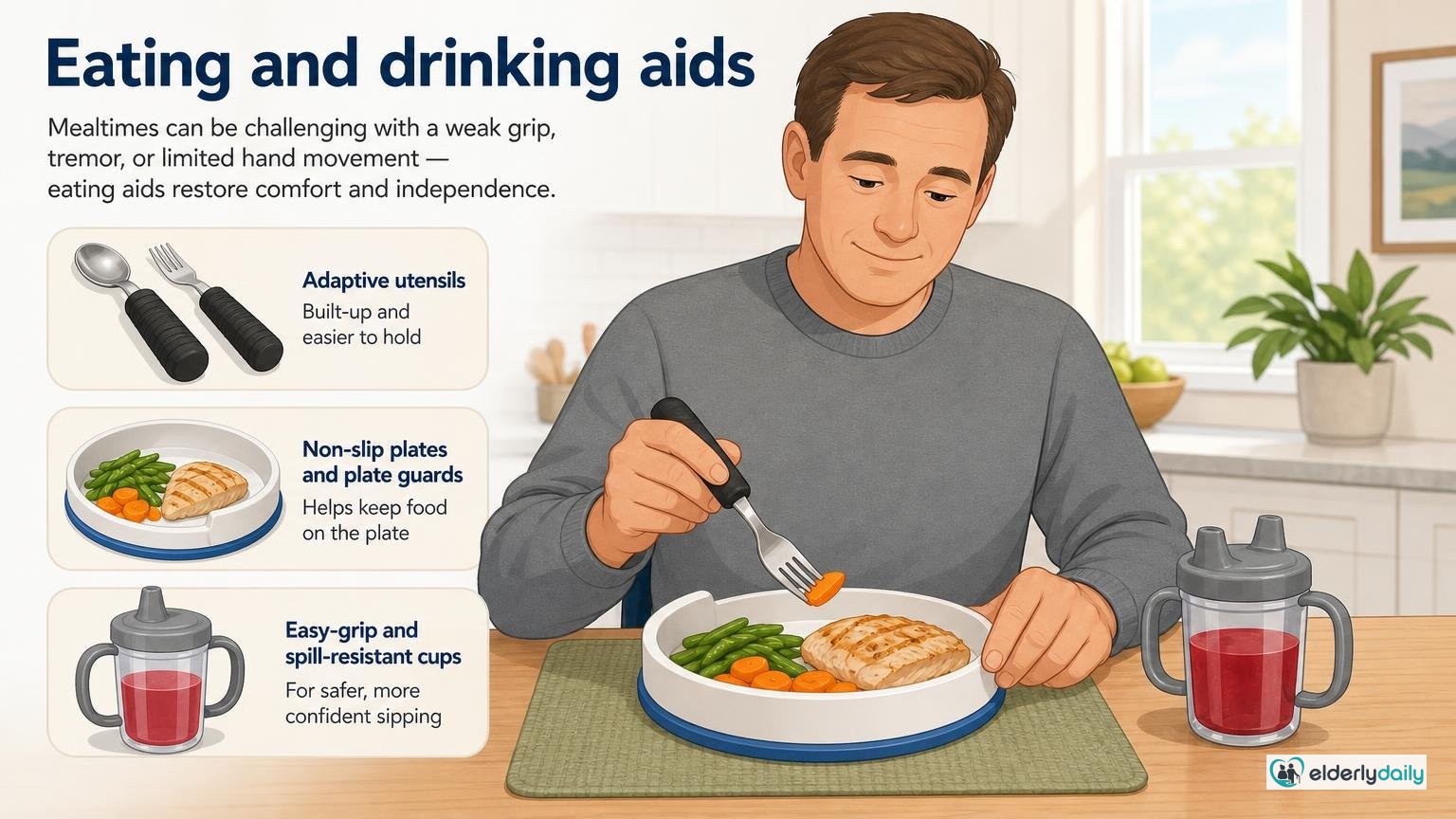 Illustration for Daily Living Aids for Seniors: A Caregiver Guide: Eating and drinking aids