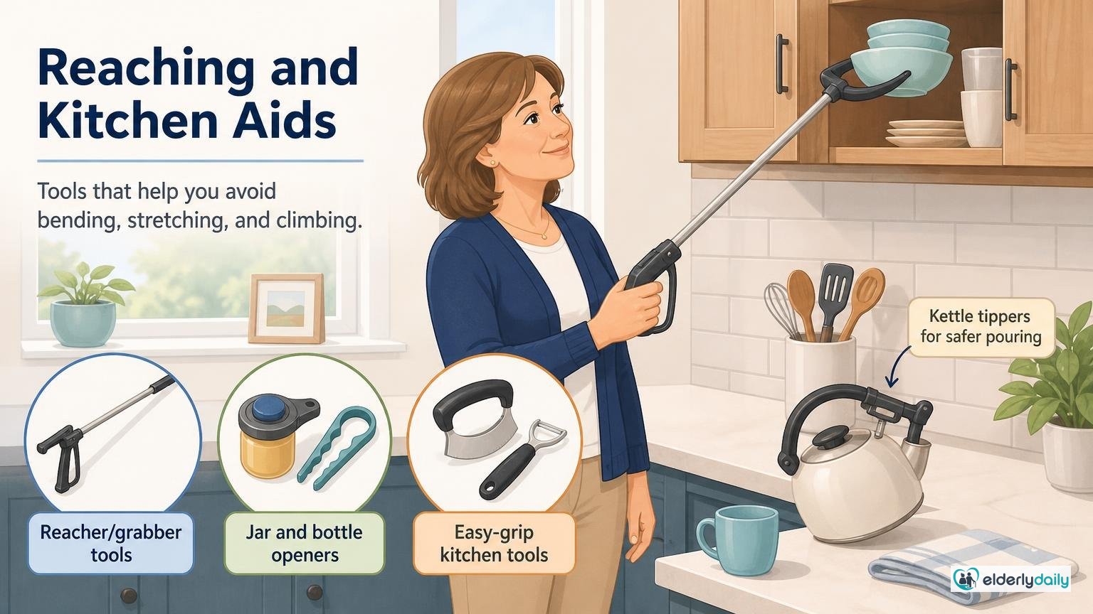 Illustration for Daily Living Aids for Seniors: A Caregiver Guide: Reaching and kitchen aids