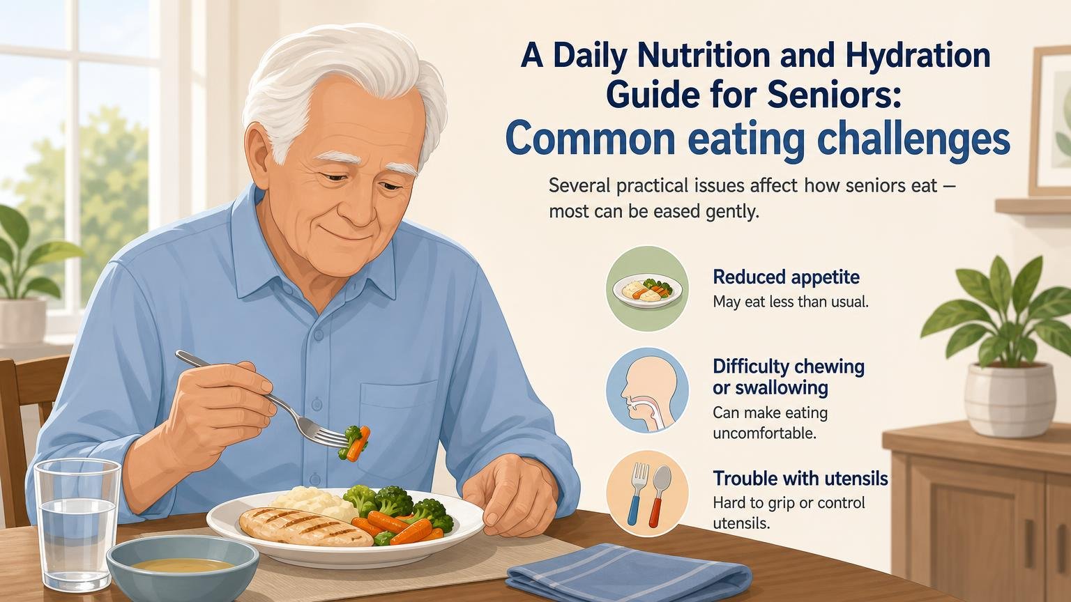 Illustration for A Daily Nutrition and Hydration Guide for Seniors: Common eating challenges